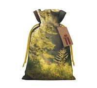 Sacs de Noël réutilisables avec cordon de serrage imprimés « Morning Sunlight in Wilderness » pour emballage cadeau de fête, ruban jaune, taille S