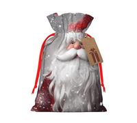 Sacs de Noël réutilisables avec cordon de serrage imprimés Père Noël et neige pour fête de Noël, ruban rouge, taille M