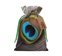 Sacs de Noël réutilisables avec cordon de serrage imprimés plumes de paon pour emballage cadeau de Noël, ruban vert, taille M