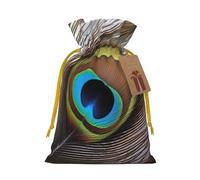 Sacs de Noël réutilisables avec cordon de serrage imprimés plumes de paon pour emballage cadeau de Noël, ruban jaune, taille M
