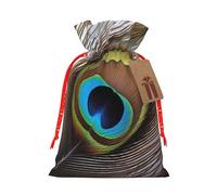 Sacs de Noël réutilisables avec cordon de serrage imprimés plumes de paon pour emballage cadeau de Noël, ruban rouge, taille M