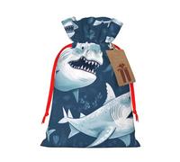 Sacs de Noël réutilisables avec cordon de serrage imprimés requins pour fête de Noël, emballage cadeau de Noël, ruban rouge, taille S