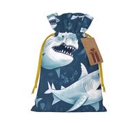 Sacs de Noël réutilisables avec cordon de serrage imprimés requins pour fête de Noël, ruban jaune, taille S