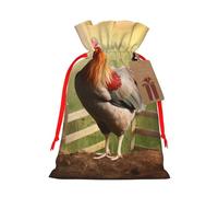 Sacs de Noël réutilisables avec cordon de serrage, motif coq sur bois dans la terre agricole, pour fête de Noël, emballage cadeau, ruban rouge, taille S