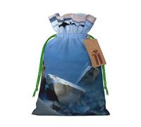 Sacs de Noël réutilisables avec cordon de serrage Motif mer calme et rochers pour emballage cadeau de Noël, ruban vert, taille S
