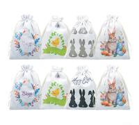 Sacs de Pâques en coton avec cordon de serrage, motif œuf de lapin de Pâques, pochettes réutilisables pour cadeaux de fête d'enfants, petites poches de rangement pour friandises et bonbons, blanc (A)