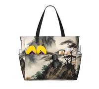 Sacs de plage pour femmes avec motifs de paysages chinois, grand sac fourre-tout imperméable et résistant au sable, sac de piscine léger avec fermeture éclair, sac de voyage pour la salle de sport, le