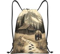 Sacs De Sport À Cordon Un Ours Brun S'Approche d'une Cabane en Rondins Sacs À Cordon De Serrage Joli Sac De Gym Unisexe Sac À Dos Scolaire pour Yoga Piscine Natation 36X42Cm