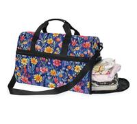 Sacs de week-end pour femme avec compartiment à chaussures Bleu roi, Fleurs bleu royal_1, 20.5×13.6×10 inches