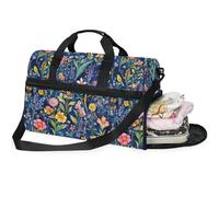 Sacs de week-end pour femme - Sac de voyage élégant avec compartiment à chaussures - Bleu roi, Fleurs élégantes bleu royal_4, 20.5×13.6×10 inches