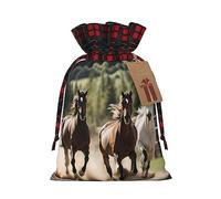 Sacs d'emballage de noël imprimés trois chevaux en cours d'exécution, sacs-cadeaux avec cordon de serrage, cadeaux et faveurs de fête de noël, moyen, noir