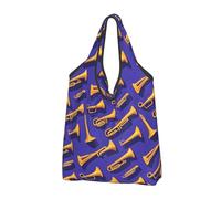 Sacs d'épicerie minimalistes réutilisables avec motif saxophone jaune - Sac fourre-tout pliable avec poignées, Noir/blanc, 3 PCS