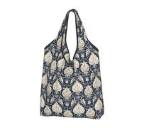 Sacs d'épicerie réutilisables avec poignées Motif damassé Bleu vintage, Noir/blanc, 1 PCS