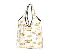Sacs d'épicerie réutilisables avec poignées Motif saxophone jaune vintage, Noir/blanc, 3 PCS