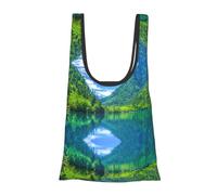 Sacs d'épicerie réutilisables, pliables et lavables avec impression de collines vertes et d'eau, sac de courses écologique