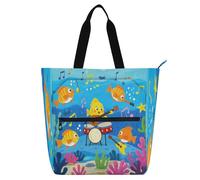 Sacs fourre-tout décoratifs pour enfants, étudiants, adultes, musique océanique, concert, poisson, bleu, grand sac de bibliothèque, sac d'épicerie, sac d'épicerie pour l'école, le shopping, les