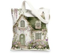 Sacs fourre-tout en toile à motif floral vintage, motif jardin de village vintage, sacs à provisions réutilisables, artistiques, légers et lavables, blanc, 13x15 Inch