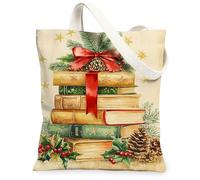 Sacs fourre-tout en toile avec motif littérature vintage, réutilisables, festifs et lavables avec bandoulière, beige, 13x15 Inch