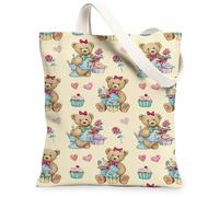 Sacs fourre-tout en toile avec motif mignon d'ours, motif cupcake floral, sacs d'épicerie, sacs d'épicerie réutilisables, légers et lavables avec bandoulière, beige, 13x15 Inch
