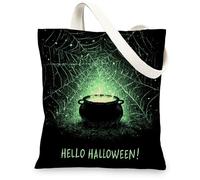 Sacs fourre-tout en toile chaudron d'Halloween, motif Web effrayant, sacs d'épicerie réutilisables, vintage, légers, lavables avec bandoulière C, vert, 13x15 Inch