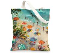 Sacs fourre-tout en toile colorés, motif scène de plage artistique, sacs à provisions réutilisables, légers, lavables et respectueux de l'environnement, coloré, 13x15 Inch