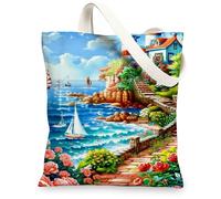 Sacs fourre-tout en toile côtière, motif scène de plage colorée, sacs d'épicerie réutilisables, sacs d'épicerie artistiques, floraux, légers et lavables, coloré, 13x15 Inch