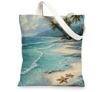 Sacs fourre-tout en toile côtière, motif scène océanique artistique, sacs à provisions réutilisables, plage tropicale, légers et lavables à l'épaule, bleu, 13x15 Inch
