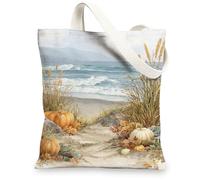 Sacs fourre-tout en toile côtière, scène de plage artistique, sacs d'épicerie réutilisables, nature rustique, léger, lavable avec bandoulière, Beige, 13x15 Inch