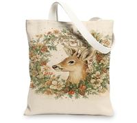 Sacs fourre-tout en toile de cerf, sacs d'épicerie réutilisables, motif floral sauvage, vintage, respectueux de l'environnement, lavable avec bandoulière Ca, beige, 13x15 Inch