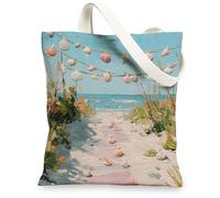 Sacs fourre-tout en toile de coquillages, scène de plage côtière, sacs de courses réutilisables, artistiques, légers et lavables avec bandoulière en toile, bleu, 13x15 Inch