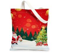 Sacs fourre-tout en toile de Noël, motif Père Noël festif et sapin, sacs d'épicerie réutilisables, joyeux d'hiver, toile légère et lavable, Rouge, 13x15 Inch