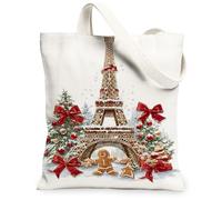 Sacs fourre-tout en toile de pain d'épice de Noël, motif tour de Paris, sacs d'épicerie, sacs d'épicerie réutilisables, légers et lavables, Blanc, 13x15 Inch