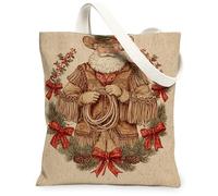 Sacs fourre-tout en toile de Père Noël réutilisables, légers et lavables avec bandoulière en toile F, Beige, 13x15 Inch