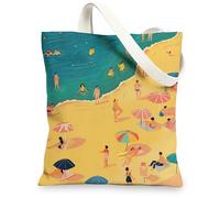 Sacs fourre-tout en toile de plage, scène d'été colorée, sacs d'épicerie réutilisables, légers et lavables avec bandoulière pour Tr, jaune, 13x15 Inch