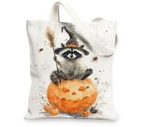 Sacs fourre-tout en toile de raton laveur, illustration d'animaux mignons, sacs de courses légers et lavables pour les fêtes d'Halloween, les voyages, la plage, blanc, 13x15 Inch
