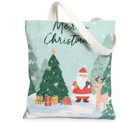 Sacs fourre-tout en toile de vacances, motif scène d'hiver, sacs d'épicerie réutilisables, joyeux Noël, légers et lavables, bandoulière Fo, bleu ciel, 13x15 Inch