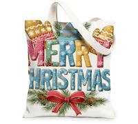 Sacs fourre-tout en toile de vacances, sacs d'épicerie réutilisables sur le thème joyeux, sacs d'épicerie d'hiver, vintage, légers, lavables en toile pour, blanc, 13x15 Inch