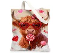 Sacs fourre-tout en toile de vache pour la Saint-Valentin, motif animal mignon, sacs d'épicerie réutilisables, amusants, vintage, légers, lavables, pêche, 13x15 Inch