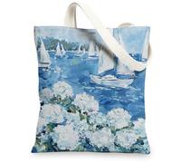 Sacs fourre-tout en toile de voile, motif floral marin artistique, sacs de courses réutilisables, légers et lavables à l'épaule, bleu, 13x15 Inch