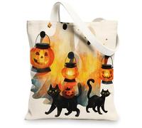 Sacs fourre-tout en toile d'Halloween, motif chat et lanterne, sacs d'épicerie réutilisables, légers et lavables avec bandoulière, beige, 13x15 Inch
