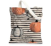 Sacs fourre-tout en toile d'Halloween, motif citrouille et araignée, sacs d'épicerie réutilisables, vintage rayé, léger, lavable à l'épaule, Orange, 13x15 Inch