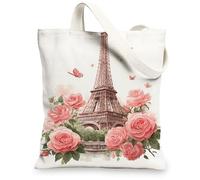 Sacs fourre-tout en toile florale, design élégant de la tour de Paris, sacs d'épicerie réutilisables, légers et lavables avec bandoulière, blanc, 13x15 Inch