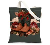 Sacs fourre-tout en toile florale, motif bottes de campagne, sacs d'épicerie réutilisables, automne vintage léger lavable bandoulière Fo, vert foncé, 13x15 Inch