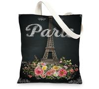 Sacs fourre-tout en toile florale, motif tour de Paris vintage, sacs d'épicerie réutilisables, légers et lavables avec bandoulière, noir, 13x15 Inch