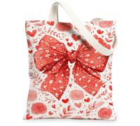 Sacs fourre-tout en toile florale pour la Saint-Valentin, motif nœud romantique, sacs d'épicerie réutilisables, légers et lavables avec bandoulière Ca, Rouge, 13x15 Inch