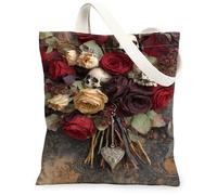 Sacs fourre-tout en toile gothique, motif tête de mort, rose, sacs d'épicerie réutilisables, vintage lavables en toile pour les voyages, Rouge, 13x15 Inch