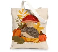 Sacs fourre-tout en toile hérisson, motif animal mignon, sacs d'épicerie réutilisables, inspirés de l'automne, légers et lavables, bandoulière C, beige, 13x15 Inch