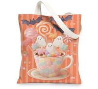 Sacs fourre-tout en toile mignons, motif friandises d'Halloween amusantes, sacs de courses réutilisables, légers et lavables avec bandoulière, Orange, 13x15 Inch