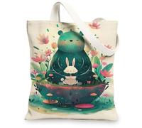 Sacs fourre-tout en toile motif animal mignon ours et lapin réutilisables, sacs d'épicerie fantaisie, floral, léger, lavable à l'épaule St, beige, 13x15 Inch