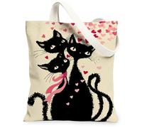 Sacs fourre-tout en toile motif chats mignons, motif cœurs félins, sacs d'épicerie réutilisables, Saint Valentin, bandoulière lavable en toile pour, beige, 13x15 Inch